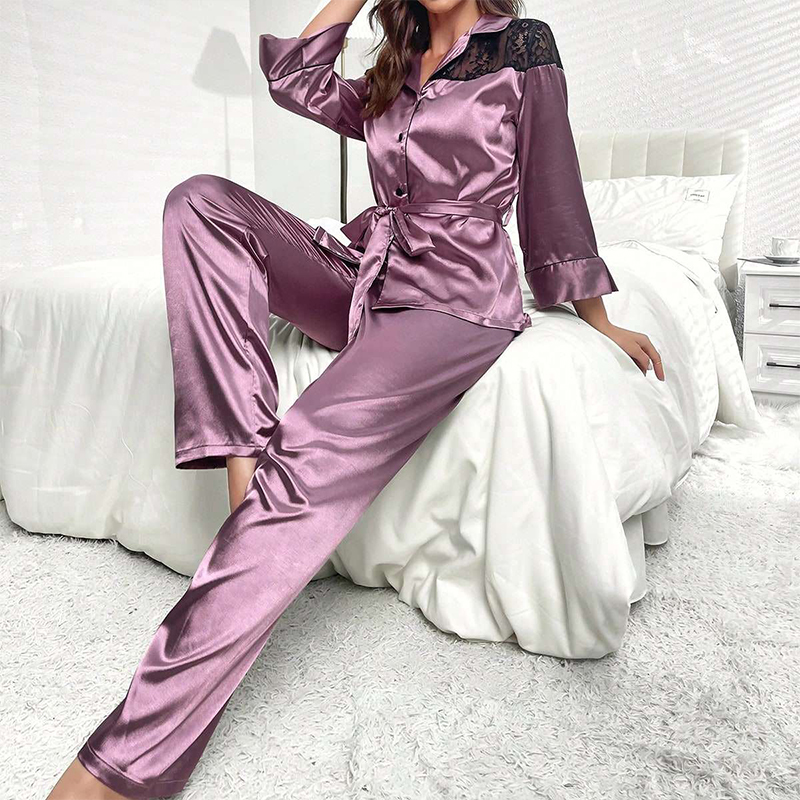 Women's Spring/Fall Silk Satin Lace-Panel Long-Sleeve Pajama Set with Pants nightgown retro nightgown nightgown set nightgown nightdress loungewe