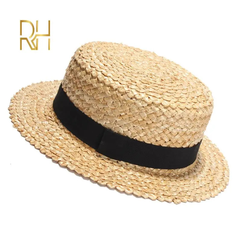 Summer Female Natural Stiff Wheat Straw Boater Fedora Top Flat Hat Women Beach Brim Cap With Red Navy Stripe Ribbon RH 251009