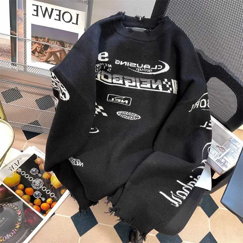 American High Street Retro Oversize Racing Sweater for Men Women Autumn Winter Bf Grunge Torn Hole Knitted Sweater Jacket J251015