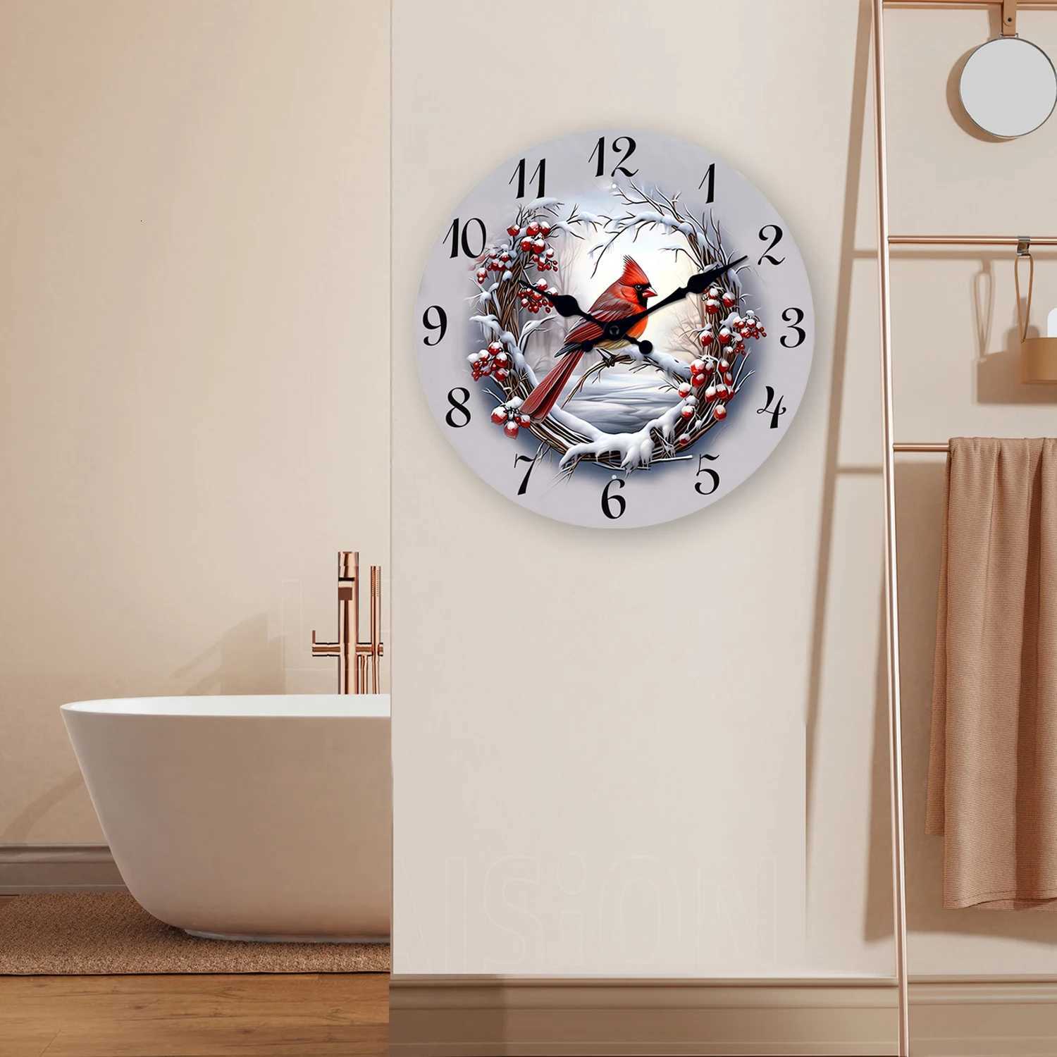 1pc Wooden wall clock Watercolor Winter Cardinals design wall clock silent clock Living Room Bedroom Room Decor Home Decor C251015