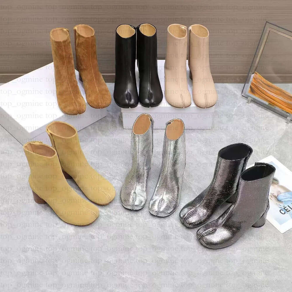 Womens Leather Tabi Split Toe Ankle Boots Designer Luxury Bianchetto Black Knee High Heel Chunky Booties Round Toe Broken Mirror Autumn Footwear Shoe High quality
