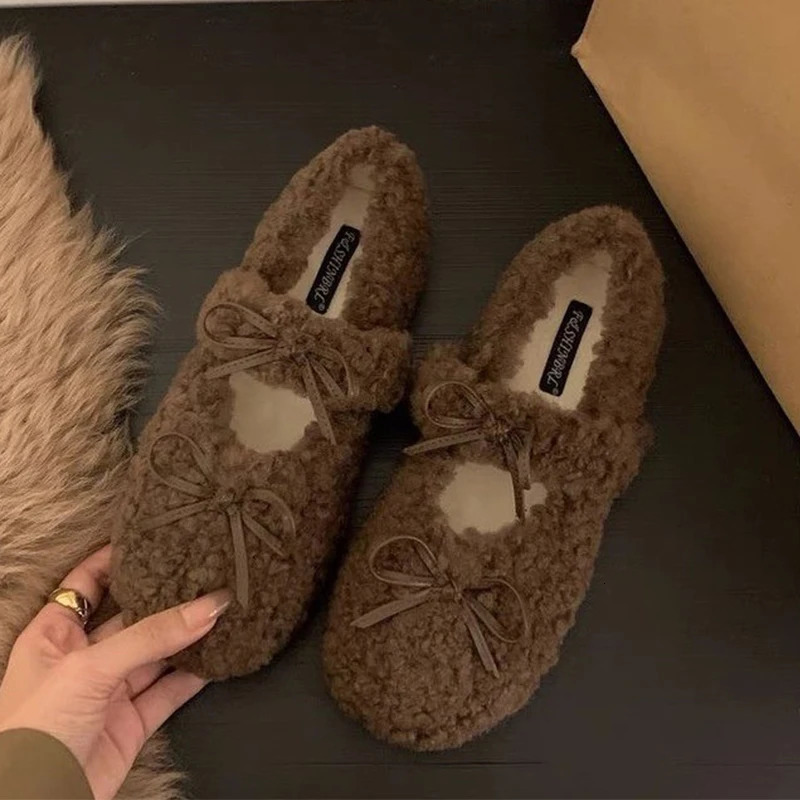 Bow Women Fur Loafers Shoes Flats Short Plush Cotton Shoes Winter Casual Warm Home Shoes Sport Sneaker Walking Zapatos Lady 251013