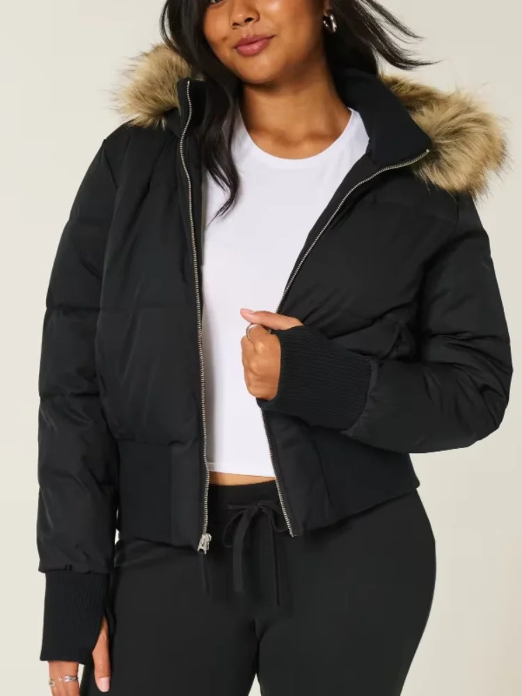 Fur Collar Zipper Thicken Coat Women Fashion Removable Furry Hooded Cropped Jacket Waistcinching Outwear Vintage Y2k Streetwear 251014