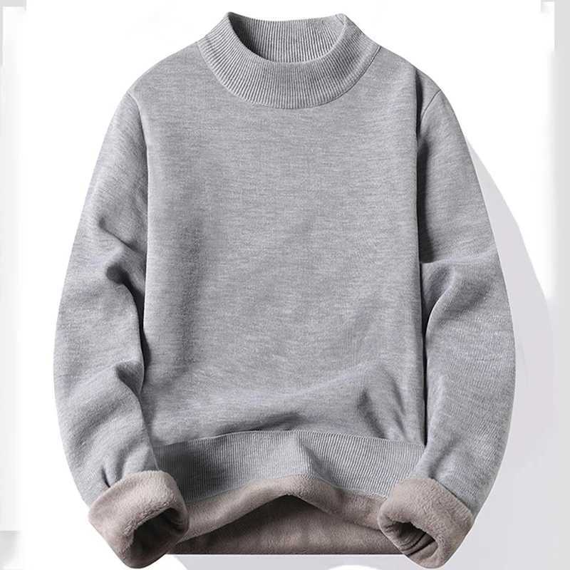 Winter New Mens Knitted Sweater with A Half High Collar Solid Color Plush and Warm Knitted Lining Top Casual and Versatile Top J251015