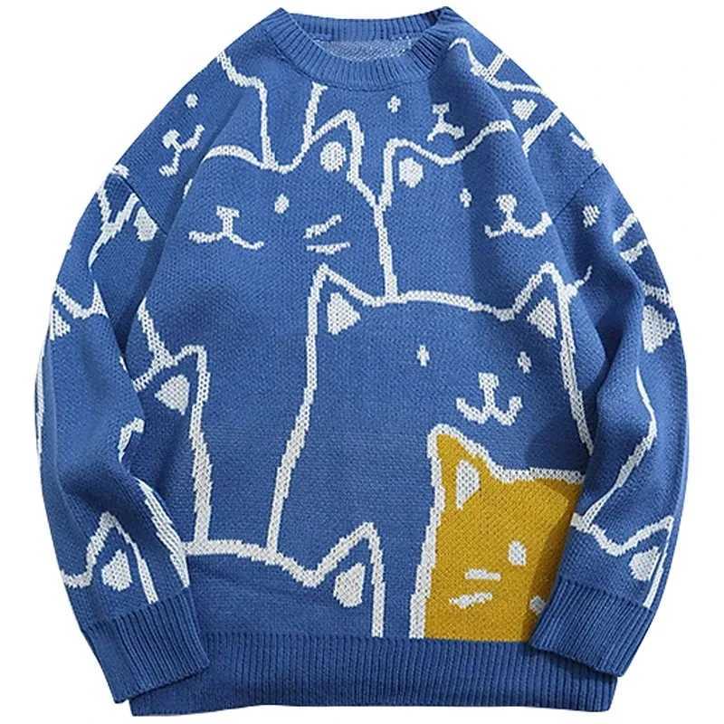 Cartoon Cat Knitted Sweater Men Japanese Retro Harajuku Knitwears Pullover 2023 Winter Women Tops Oversized Vintage Sweater J251015