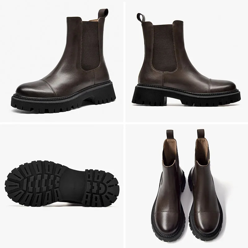 BeauToday Ankle Boots Platform Women Cow Leather Chelsea Boots Round Toe Elastic Band Thick Sole Ladies Shoes Handmade 02379 251023
