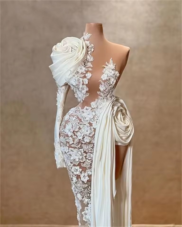 Ruched Flowers Designer Prom Dresses White Lace Mermaid Formal Occasion Evening Gowns Sweep Train Sexy High Split Vestidos De Fiesta Second Reception 