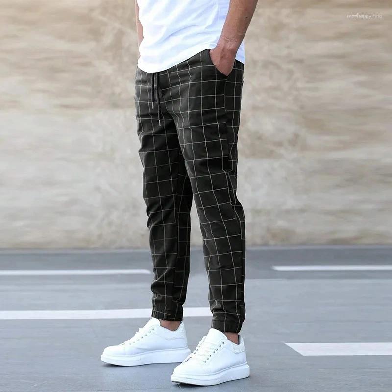 Men's Pants 2025Fashion Men Mid Waist Slims Fit Male Sweatpants Plaid Checkered Side Stripe Trousers Summer 2025 Work Casual Z260315