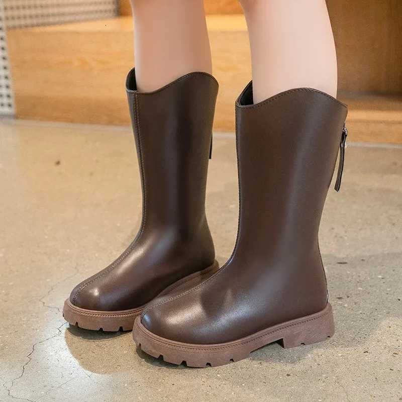 Fashion Childrens School Leather Boots Classic Black Brown Girls Causal Platform Boots Roundtoe Kids Catwalk Midcalf BootsT251015