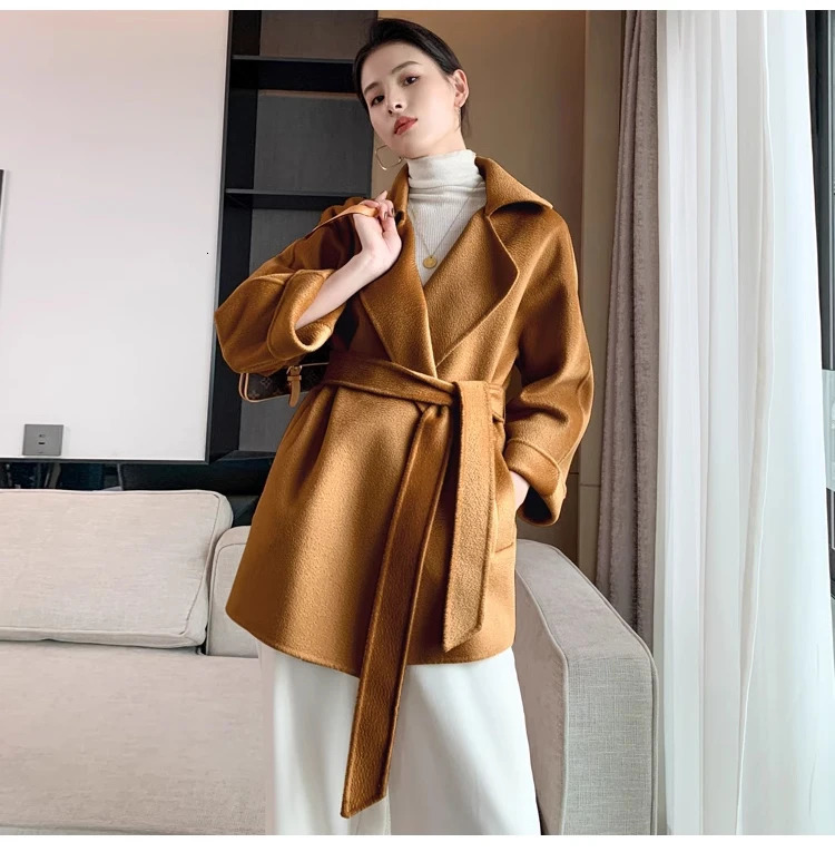 Autumn Short Doublesided Cashmere Water Ripple Coat Women Turndown Collar Loose Tempeament Warm Casual wool Jacket Female 251029
