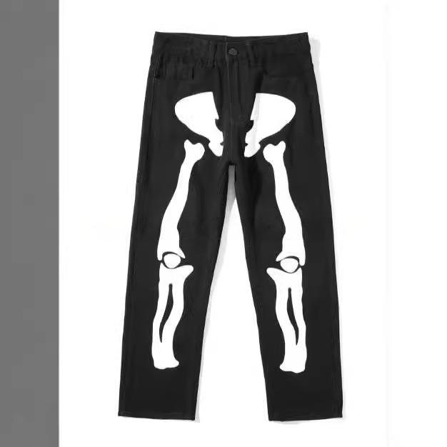 VIBE High Street Hip Hop Loose American Street Denim Jeans Bone Print Skull Straight Wide Leg Denim Pants Z250605
