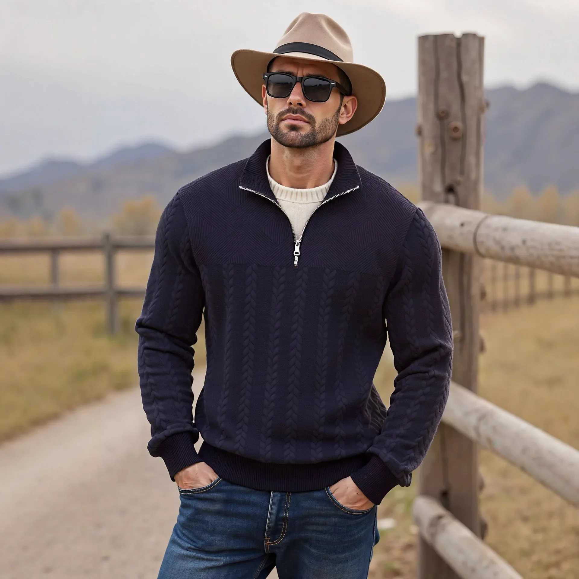 American Retro Casual StandUp Collar Zipper Pullover Loose Knitting Heavy Fashion Sports LongSleeved Sweater for Autumn Winter J251015