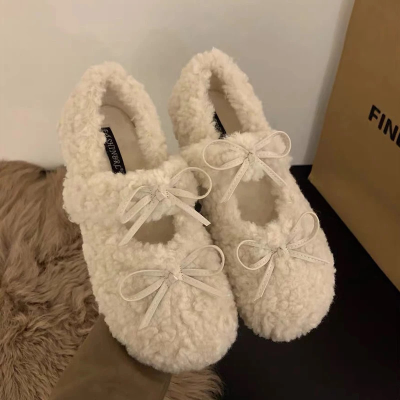 Bow Women Fur Loafers Shoes Flats Short Plush Cotton Shoes Winter Casual Warm Home Shoes Sport Sneaker Walking Zapatos Lady 251013