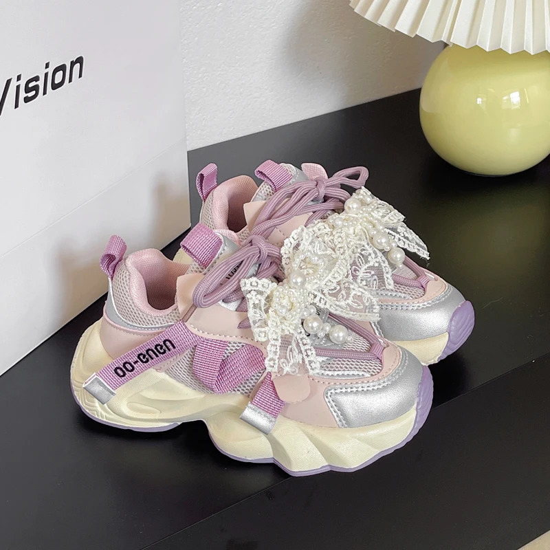 Girls Sneakers 318 Years Old Pink Lace Bow Childrens Running Four Seasons Purple Lightweight Nonslip Kids Casual Shoes H260130