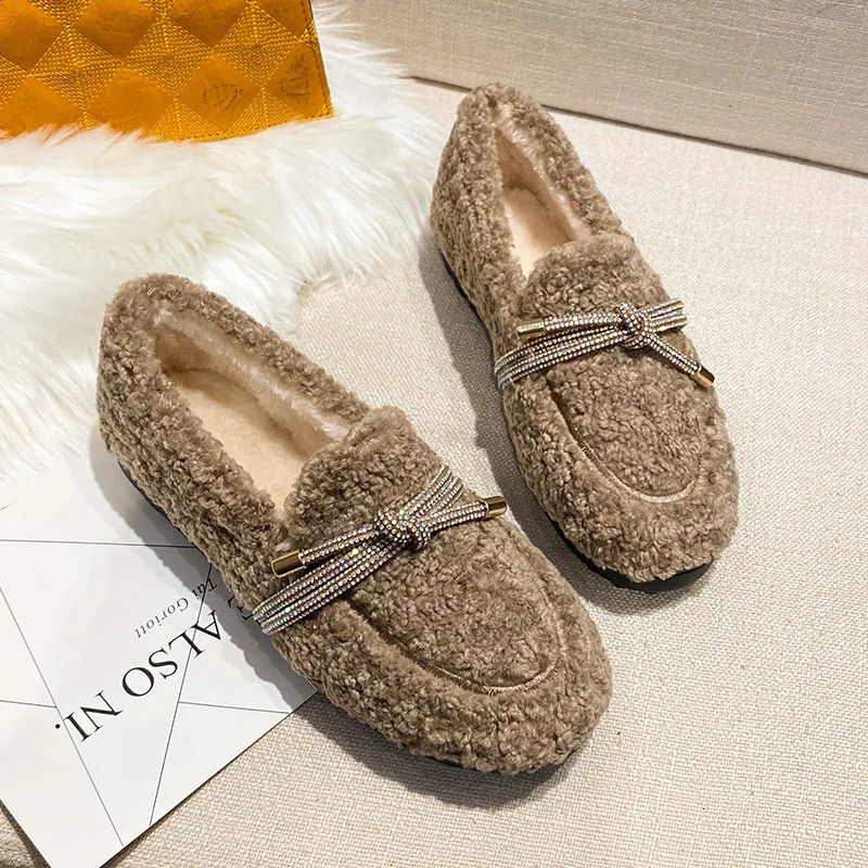 Curly Fur Shoes Woman Glitter Bowtie Cotton Flats Lambswool Loafers Ladies Winter Footwear Cashmere Plush Shoes Comfy Moccasins 251013