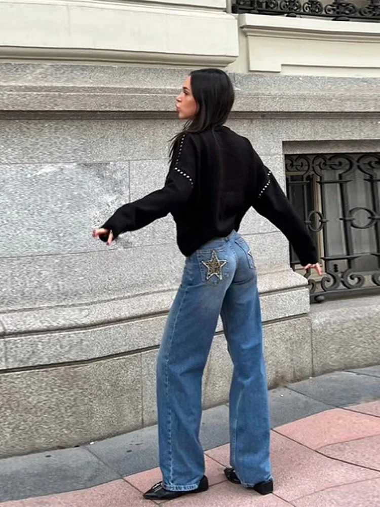 Denim belt leopard print star patch womens high waist straight legs jeans fashion clothing cleaning blue pants vintage trousers W251015