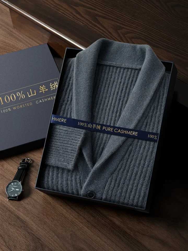 Mens Heavy Thick 100 Pure Cashmere Cardigan Olive Warm Collar HighEnd Sweater Coat Super Handsome J251015