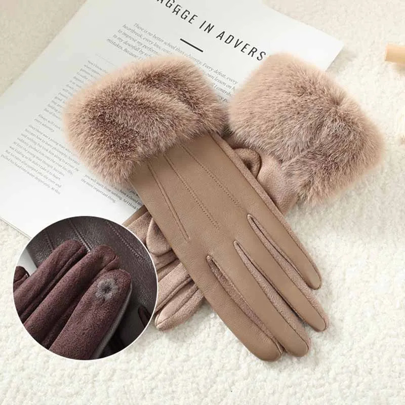 Winter Womens PU Leather Gloves Wrist Soft Faux Fur Trim Cuff Fashion Elegant Party Warm Touch Screen Drive Cycling 251009