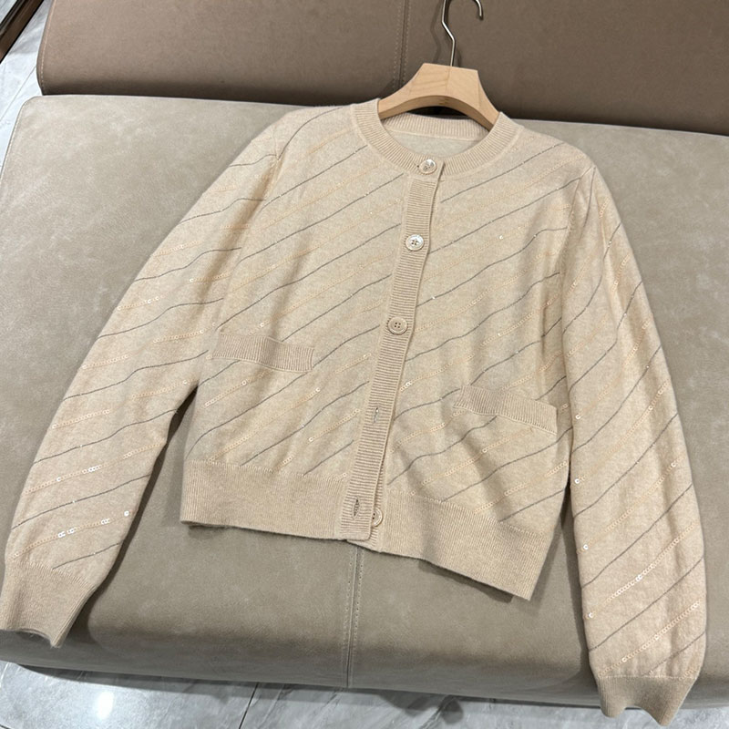 Retro Y2K Designer Luxury Women's Cotton Blend Sequin Striped Cardigan Outerwear Stand Collar Zip Up Knitwear Two Colors Soft Comfortable Long Sl