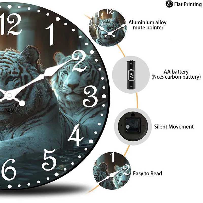 Wooden Silent Wall Clock White tiger family water Quartz Analog Clock KitchenHome Idea Christmas Halloween C251015