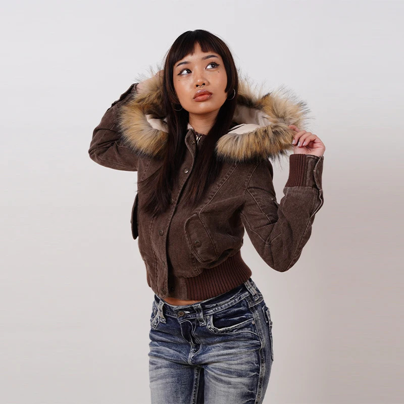 Vintage Brown Short Hooded Jacket Womens Full Sleeve Slim Detachable Fur Collar 2025 Winter Autumn Female Outerwear 251008