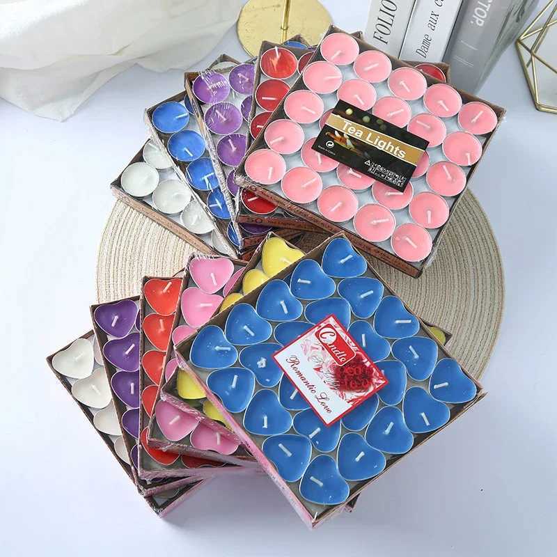 50pcs Round Heart Tea Lights Romantic Atmosphere Candles Anniversaries Wedding Party Hotel Decor Odorless Candles Wholesale C251015
