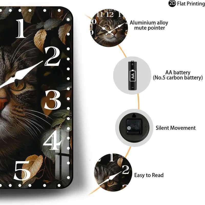 Vintage 2DFlat Tabby Cat Portrait Wooden Silent Quartz square Wall Clock Perfect Christmas gift for friends C251015