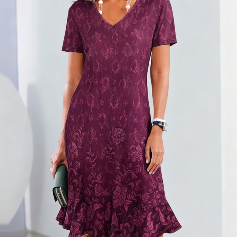 V-neck Casual Office Maxi Dress Made of Soft Milk Silk Fabric - Featuring Distinctive Print & Perfect Fit for Plus Sizes-CF50686