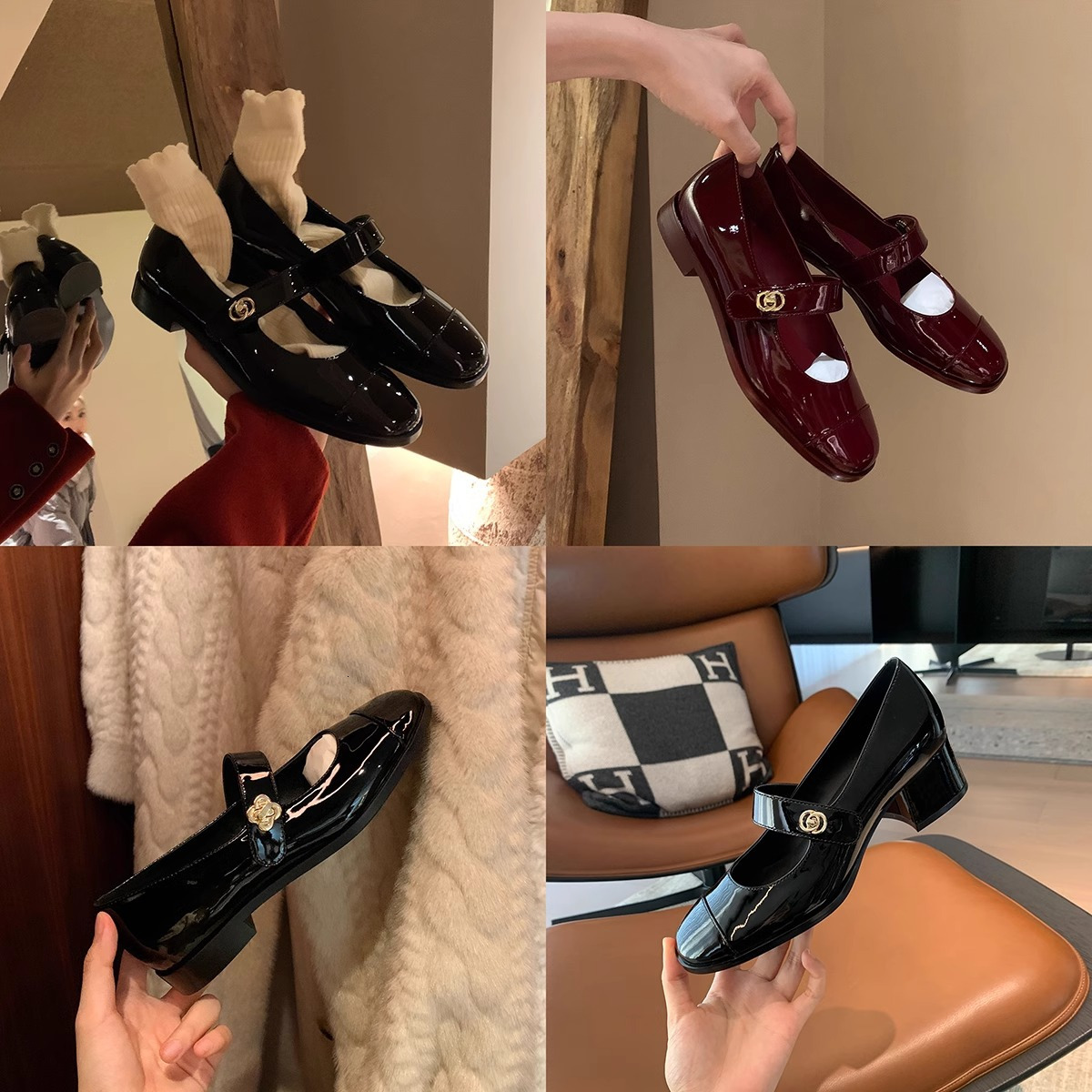 French school style classic and versatile, round-toed, shallow-cut, one-shoulder, thick-heeled Mary Jane single shoes, women's small leather shoe