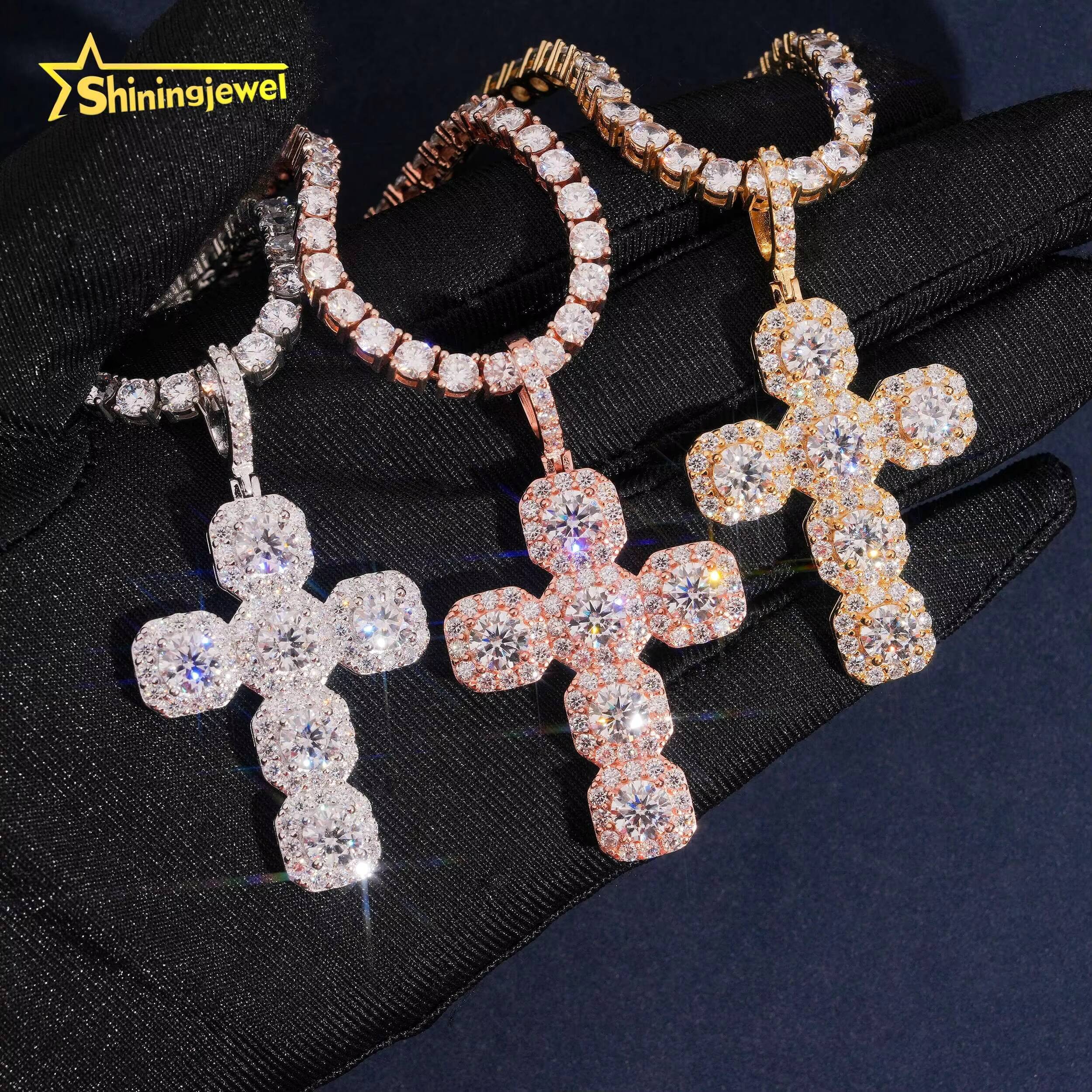 Cluster Design Cross Pendant Pass Diamond Test Moissanite Charms 925 Sterling Silver Gold Plated Hip Hop Iced Out Charm Pendant