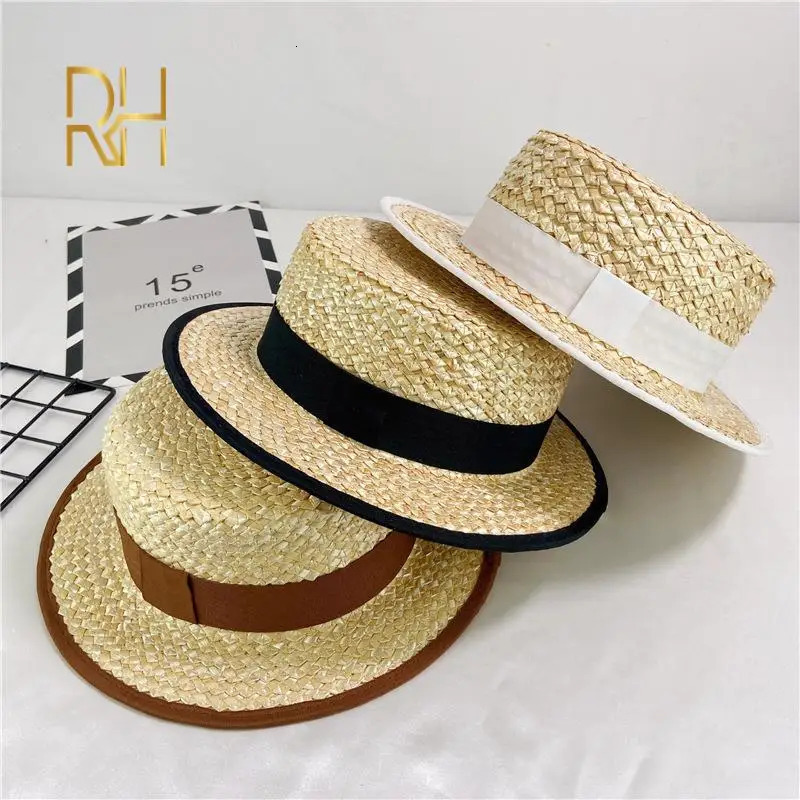 Summer Female Natural Stiff Wheat Straw Boater Fedora Top Flat Hat Women Beach Brim Cap With Red Navy Stripe Ribbon RH 251009