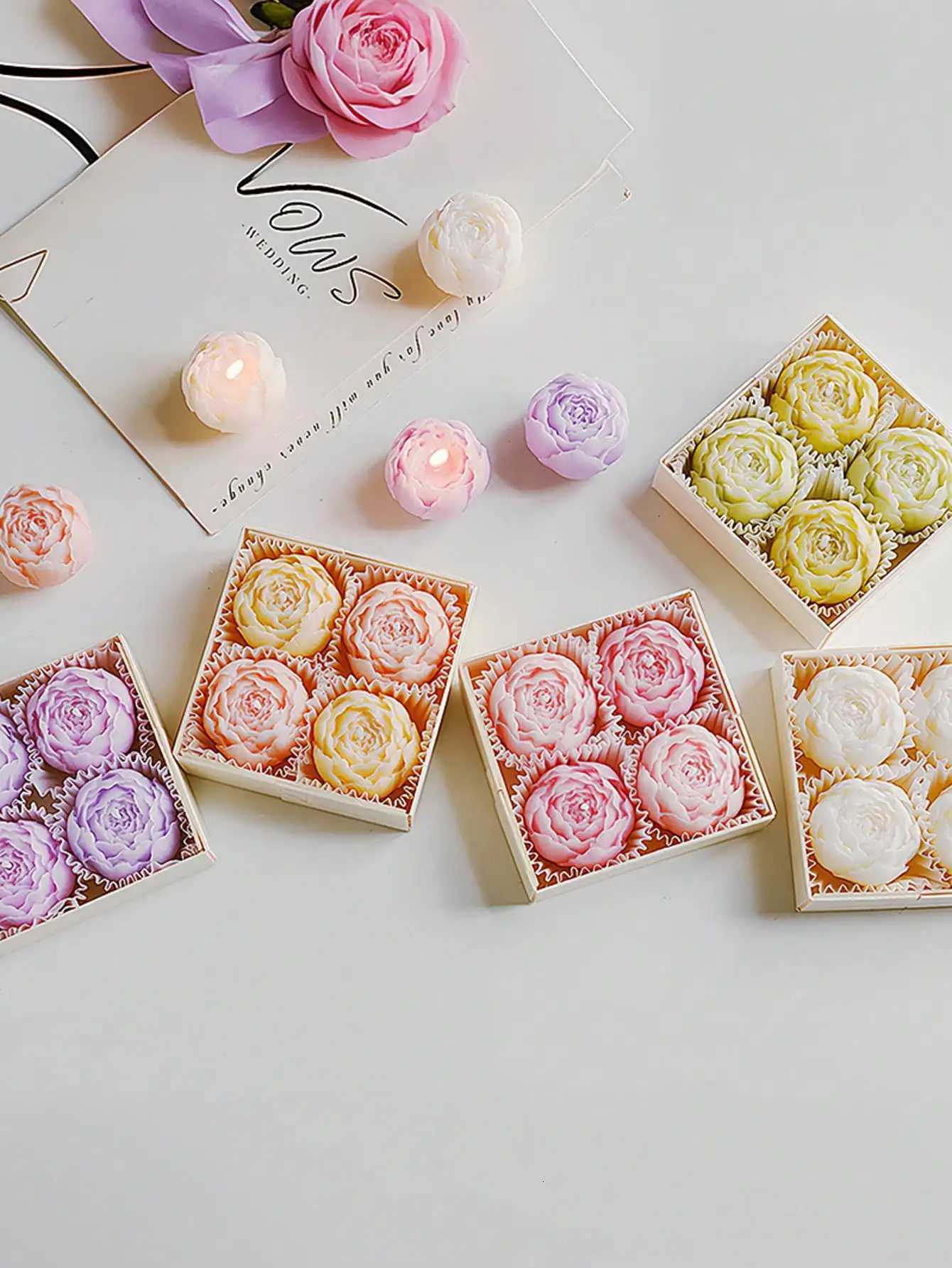 Rose Flower Shaped Soy Wax Candle Set of 4 Gift Box Handmade Decorative Smokeless Candles for Home DecorBirthdayWedding Gifts C251015