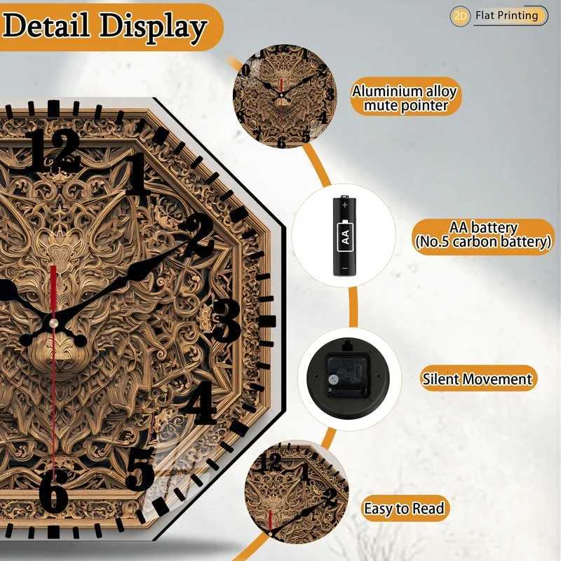 Unique 2DFlat Golden Wolf Head Analog Clock for Bedroom Office Home Weddings Mothers Day Holiday Gifts C251015