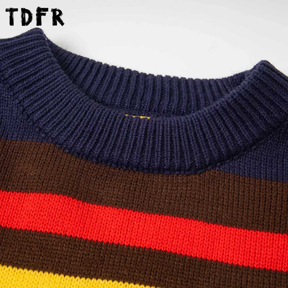 Retro Contrast Paneled Striped Sweater Mens Embroidery Autumn Winter Casual Loose Knitted Crew Neck Pullover Man J251015