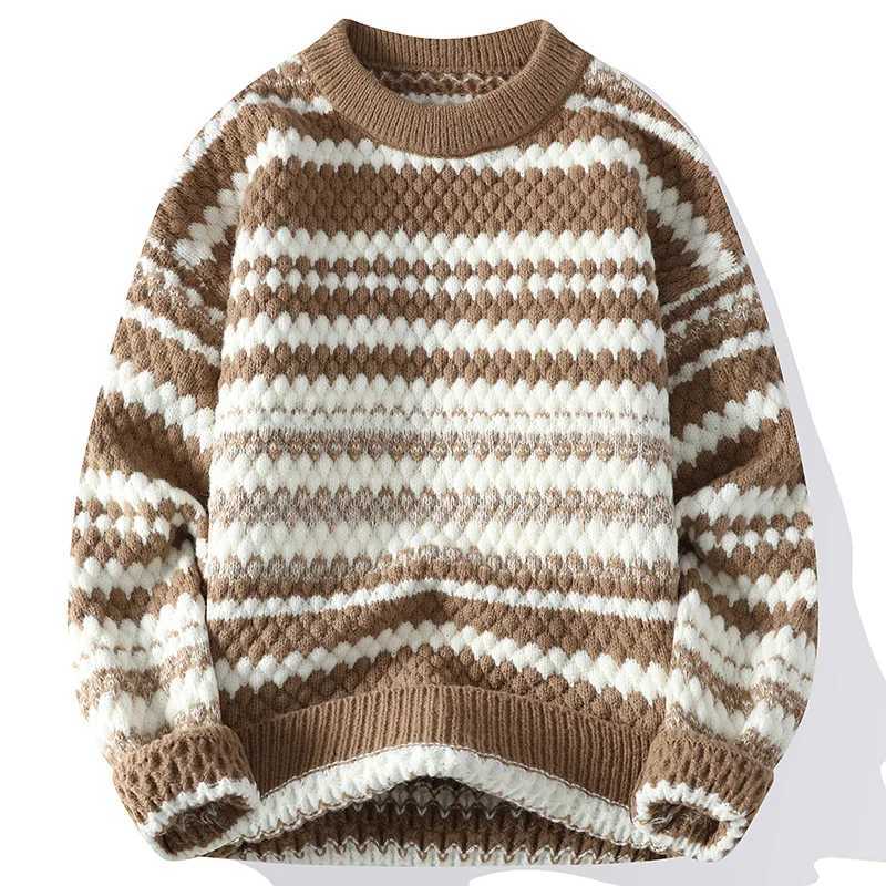 Winter Mens Loose Pullover Male Slim Fit Fashion Knitted Sweater Man Thick Warm Pull Homme Retro Stripe Sweaters J251015