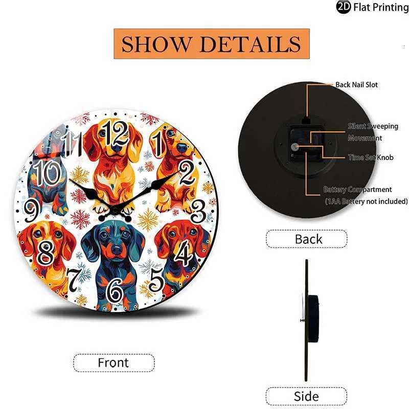 Wooden Silent Wall Clock Dachshund dogs with snowflakes Quartz Clocks FarmhouseOfficeIdea ChristmasHalloweenNew Year Gift C251015