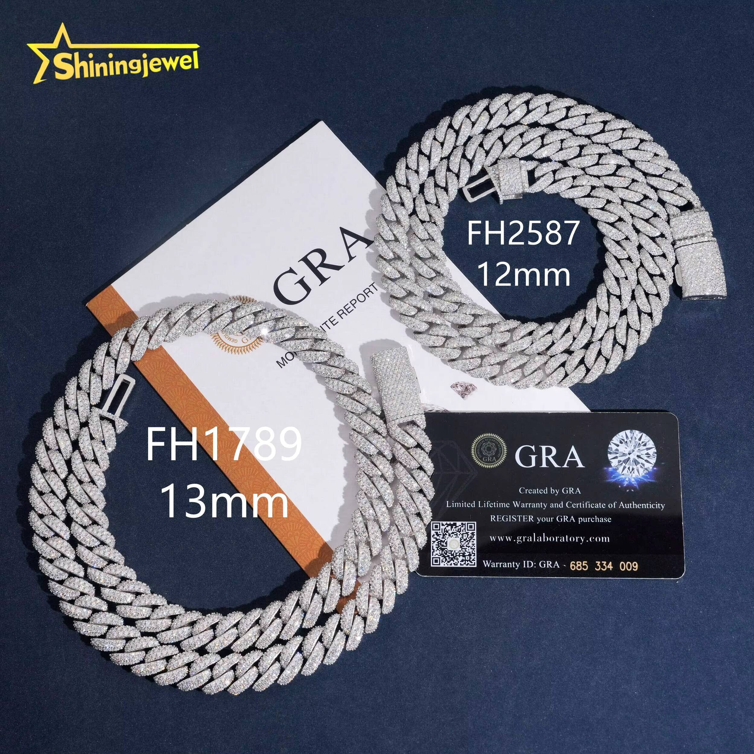 GRA Certificate 925 Silver 12mm Iced Out VVS Moissanite Necklace Hip Hop Diamond Jewelry Mosaic Miami Cuban Link Chain Bracelet