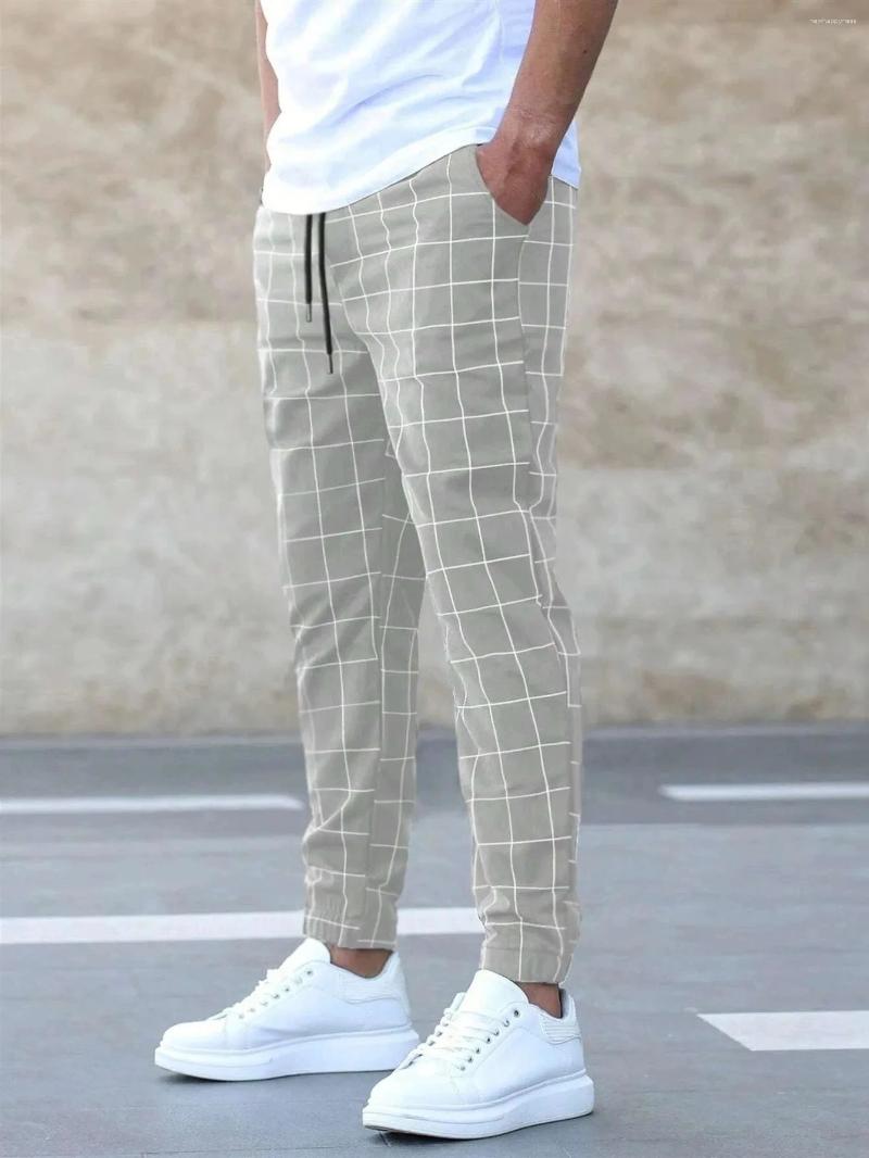 Men's Pants 2025Fashion Men Mid Waist Slims Fit Male Sweatpants Plaid Checkered Side Stripe Trousers Summer 2025 Work Casual Z260315