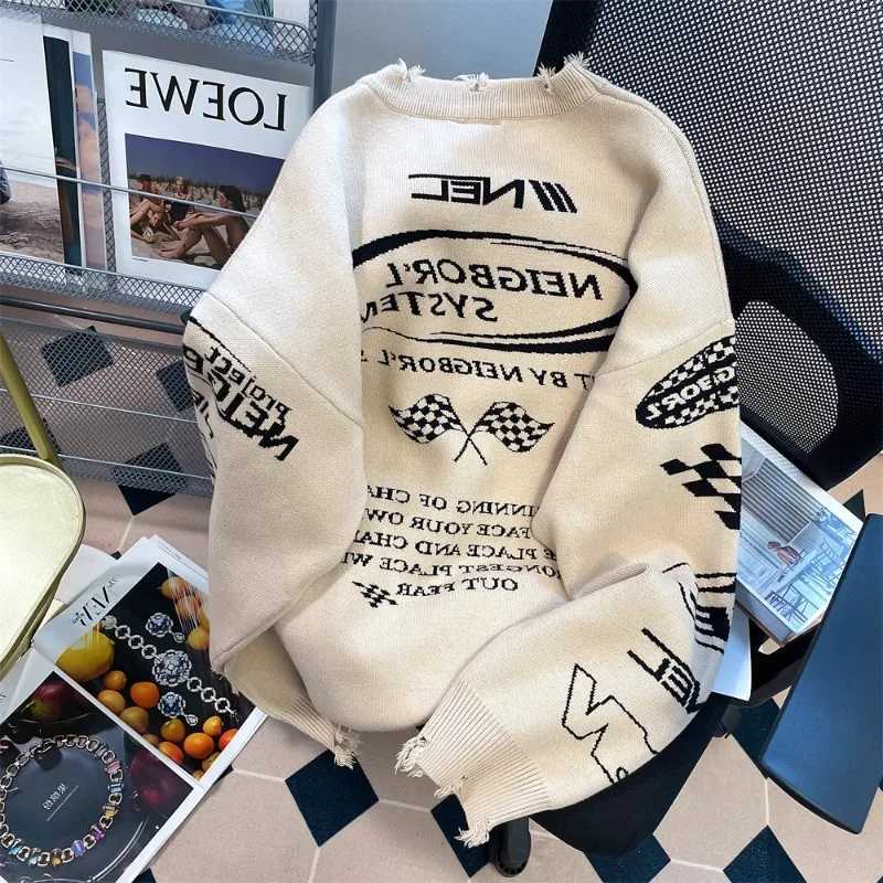 American High Street Retro Oversize Racing Sweater for Men Women Autumn Winter Bf Grunge Torn Hole Knitted Sweater Jacket J251015