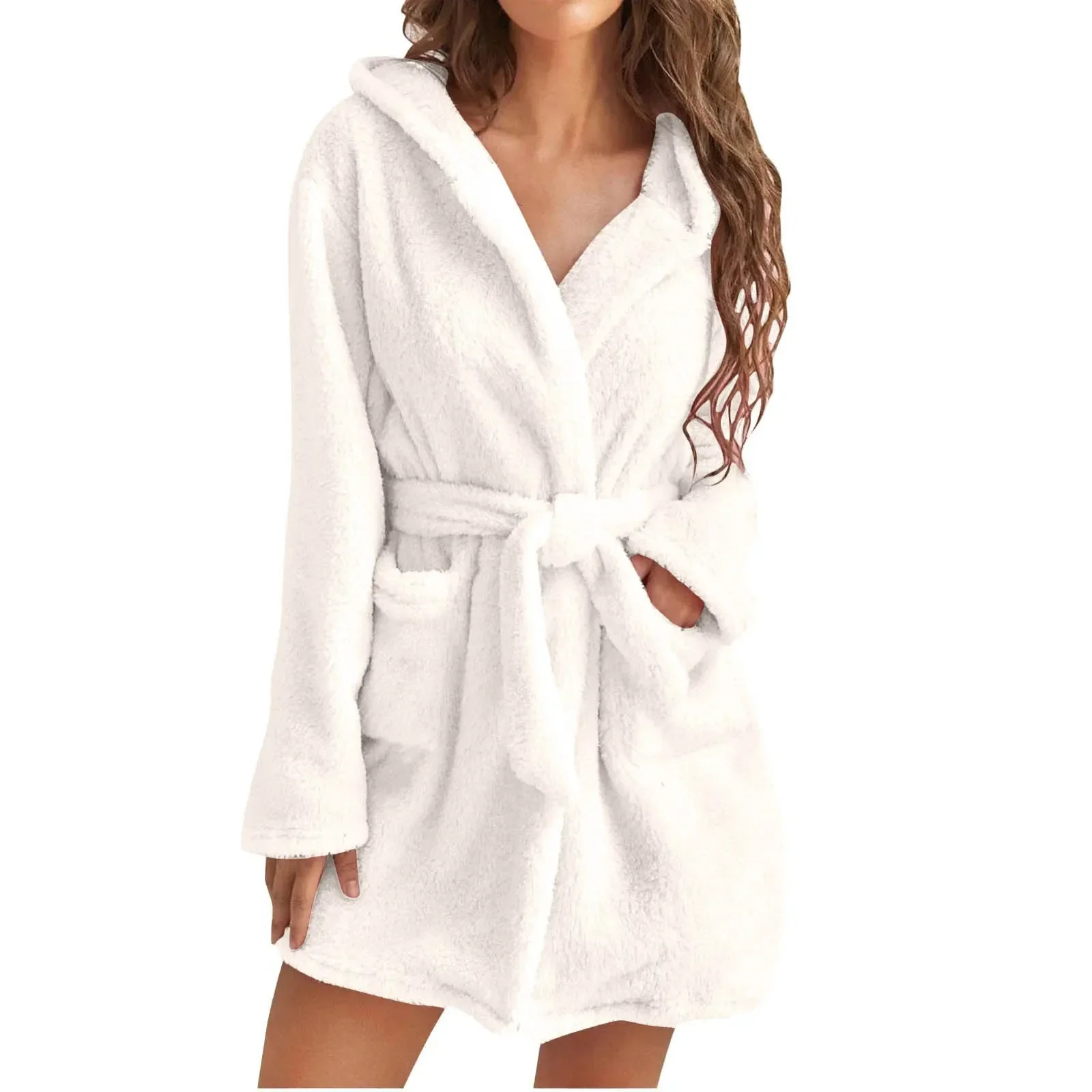 Women Bath Robe Winter Fluffy Plush Pyjamas Ladies Sexy Hooded Dressing Solid Color Gown Warm Bathrobe Female Home Clothing251014