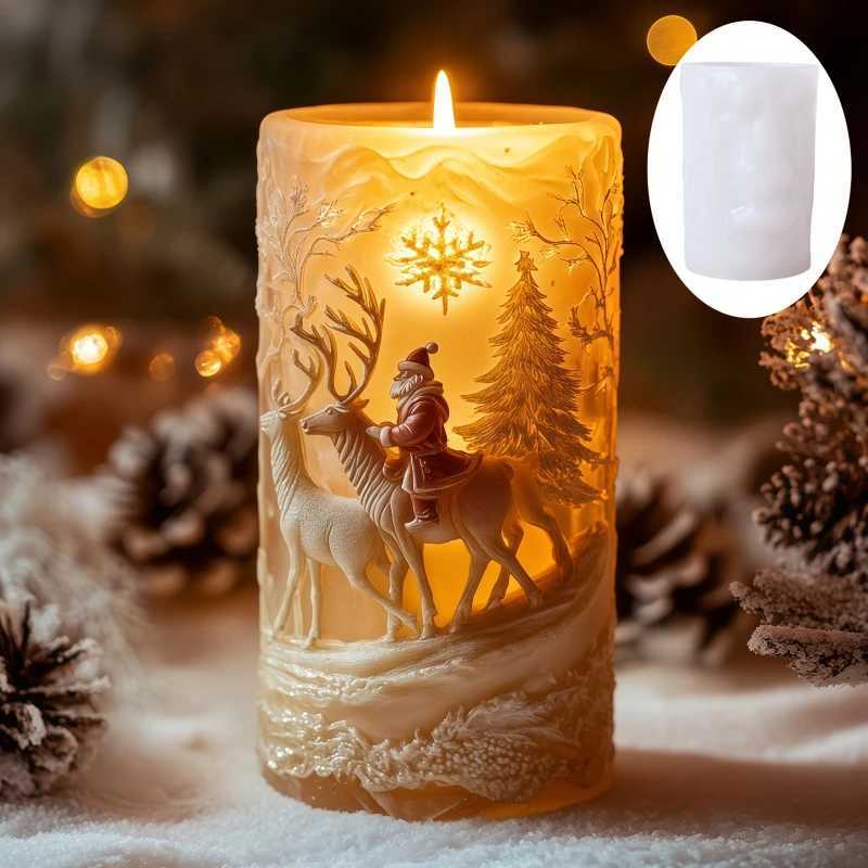 3DReindeer riding Santa Claus cylindrical candle silicone mold Christmas tree snowflake snow forest reindeer resin molds C251015