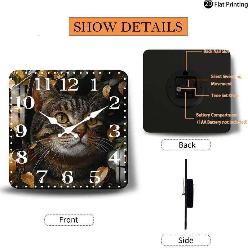 Vintage 2DFlat Tabby Cat Portrait Wooden Silent Quartz square Wall Clock Perfect Christmas gift for friends C251015