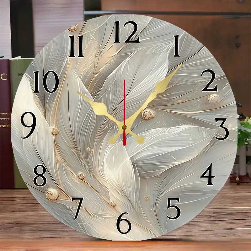 Feathered Design Wooden Round Silent Hanging Wall Clock Suitable For Living Room Office Study Room Bedroom Home Decoration C251015