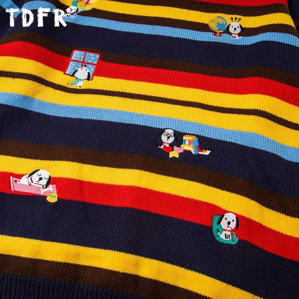 Retro Contrast Paneled Striped Sweater Mens Embroidery Autumn Winter Casual Loose Knitted Crew Neck Pullover Man J251015