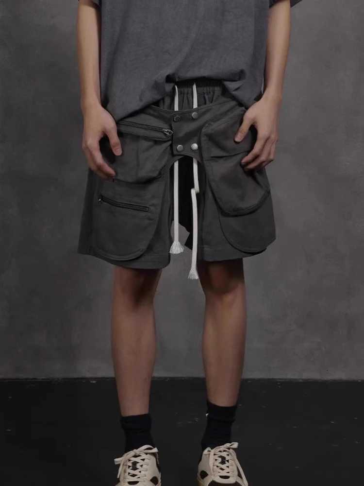 Mauroicardi Spring Summer Cool Loose Casual Soft Grey Cotton Cargo Shorts for Men Drawstring Elastic Waist Luxury Clothes 2024T251015