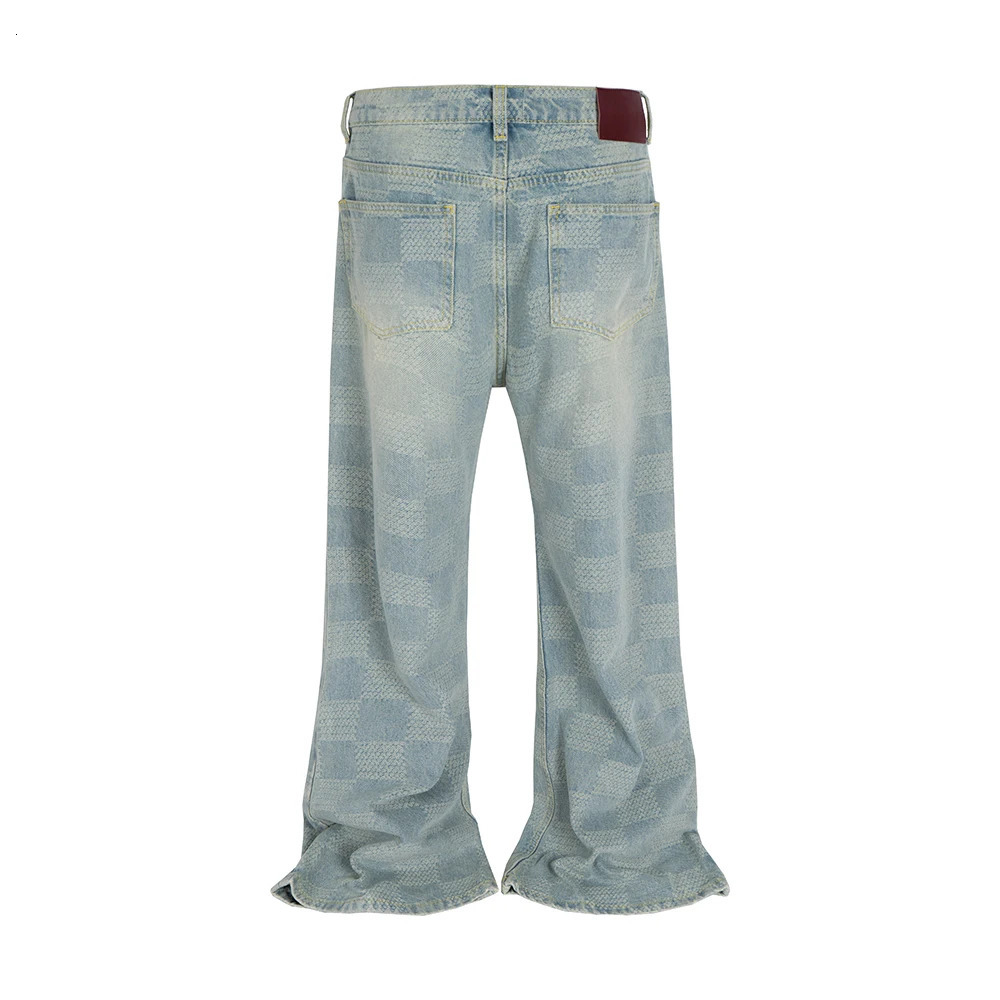 High Street Checkered Micro Flared Jeans for Men Patchwork Straight Loose Boot Cut Oversized Casual Baggy Denim Trousers 251010