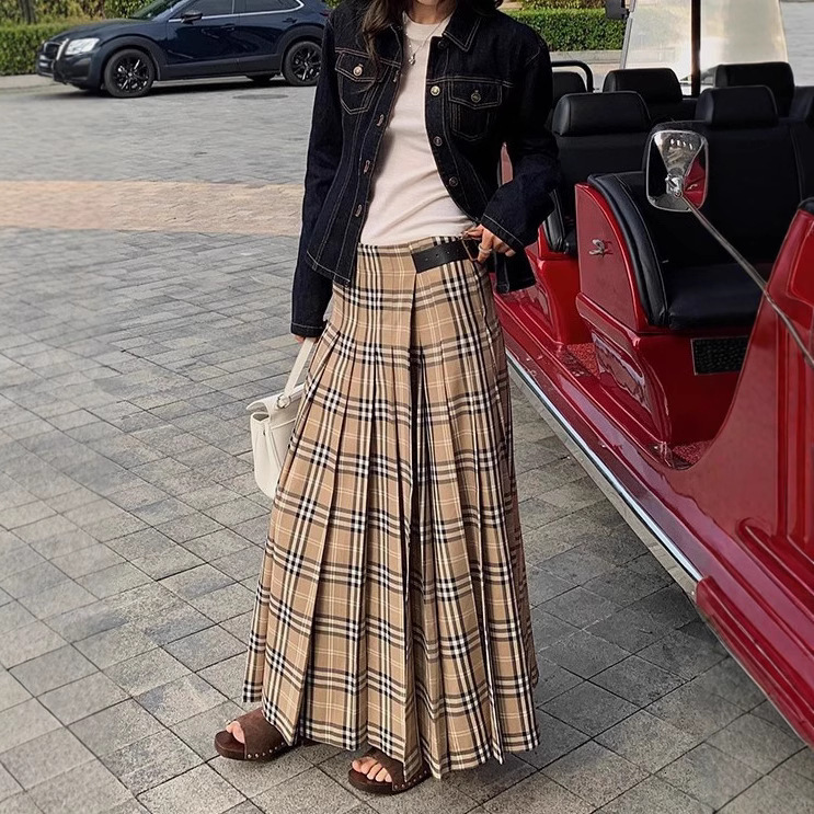 designer Pleated Plaid New Low Waist A-line Long Skirt for Women