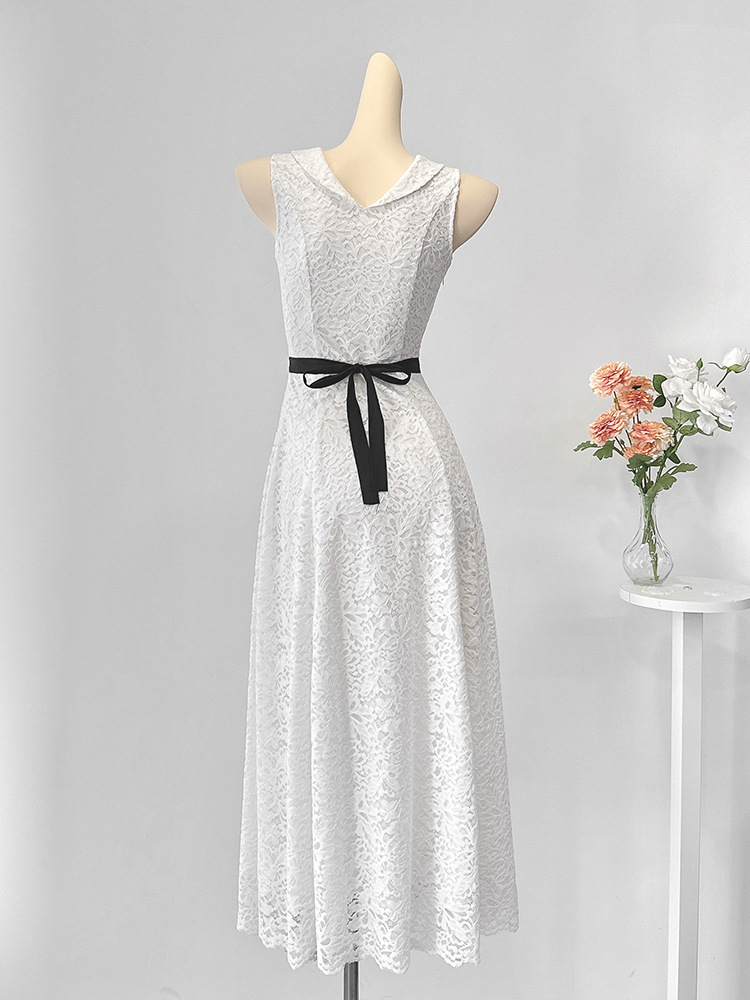 LW08903 Sweet white lace dress sleeveless design bow waist light