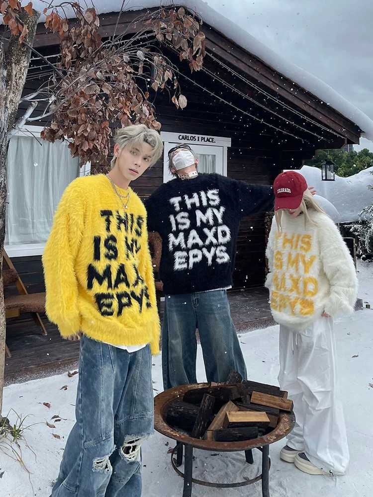 American Hip Hop Vintage Letter Mink Slouchy Couple Sweater Mens And Womens Casual Loose Knit Coat Mens ropa hombre J251015