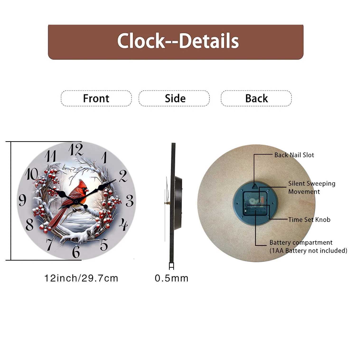 1pc Wooden wall clock Watercolor Winter Cardinals design wall clock silent clock Living Room Bedroom Room Decor Home Decor C251015